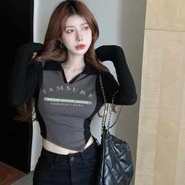 一件代发春秋韩版新款撞色polo领修身长袖t恤女v领短款上衣女批发