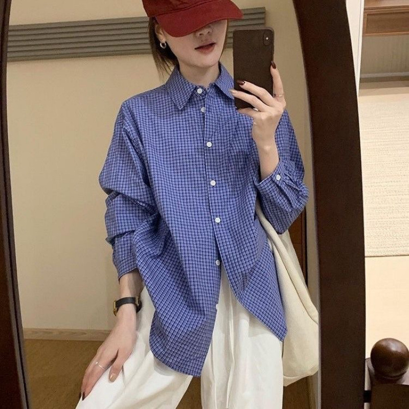 美式慵懒宽松蓝色格子衬衫女春秋季休闲百搭复古长袖衬衣叠穿上衣|undefined