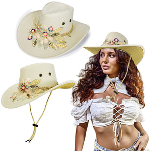 Spot Suede Bead Chain Embroidered Flower Cowboy Hat Western Cowboy Party Ladies Hat Beach Hat