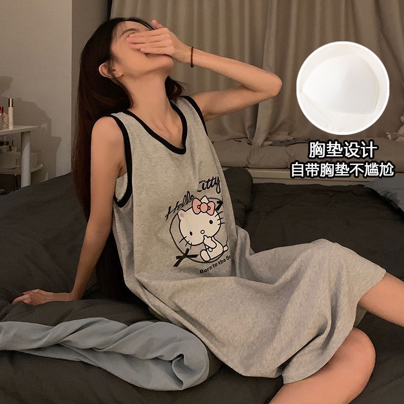 女性用ナイトガウン、韓国風、胸パッド付きサスペンダーパジャマ、ミッドレングス、漫画風ノースリーブホームウェア、甘い漫画スタイル|undefined