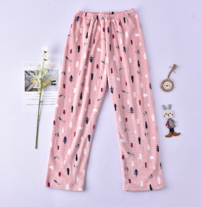 Pantalones de pijama para mujer de otoño e invierno, pantalones largos de franela, ropa de estar de forro polar coral, venta al por mayor de una sola pieza, ropa de casa cálida y dulce.