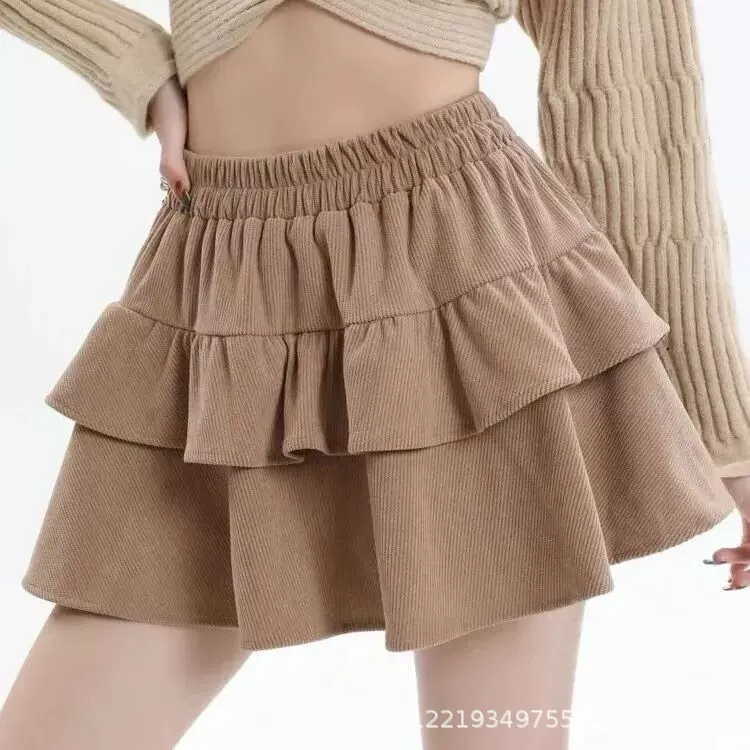 秋冬短裙子女灯芯绒短裙层层荷叶边半身裙带内裤辣妹百搭显瘦短裙