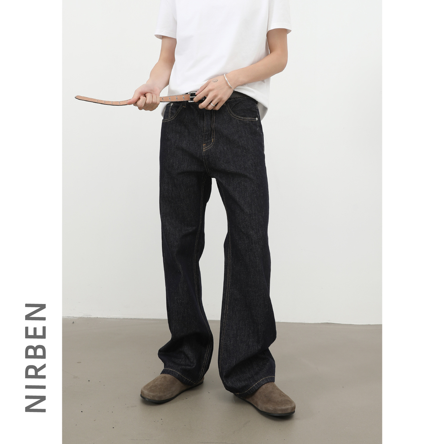 Nirben Denim High Volume Colorfast Raw Denim Jeans For Men Slightly Flared Loose Fit Black Blue_viptrois.com