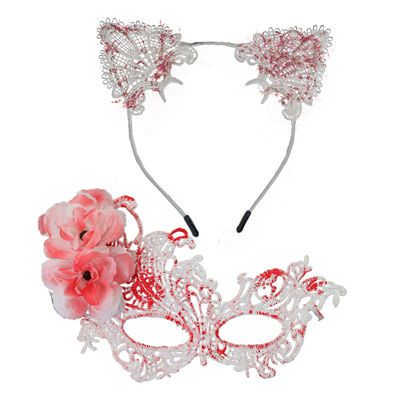 Halloween nueva máscara de encaje de rosa caliente misteriosa sexy mitad cara adorable gato orejas conjunto de banda de pelo