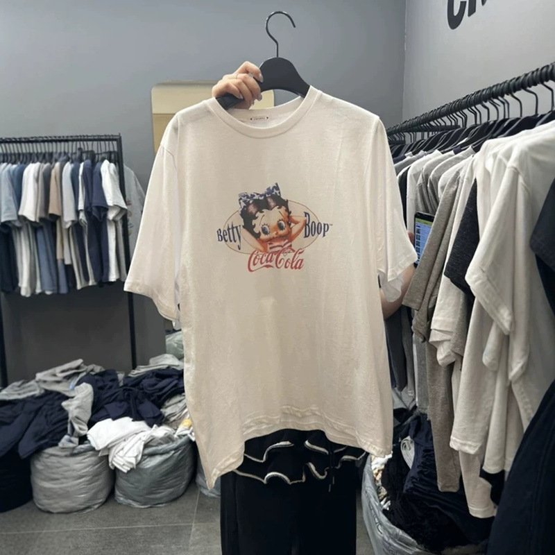 In Stock with Free Shipping Korean Plus-Size Summer New Style Loose-Fitting Youthful Cartoon Letter Betty Print Pure Cotton Short-Sleeve T-Shirt