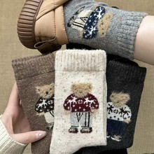 袜子女点子纱卡通可爱小熊中筒袜秋冬季加厚保暖羊毛堆堆袜新款袜