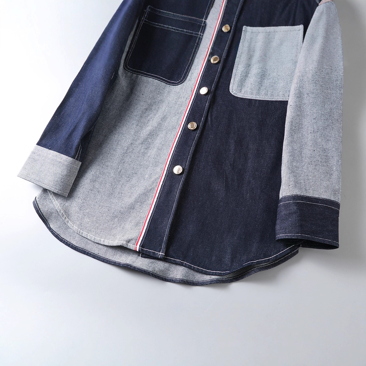 tb Jl Spring And Autumn Wide-Fit Patchwork Denim Shirt, Fashionable Trendy Double-Sleeve Ribbon Vintage Loose_voghion.com