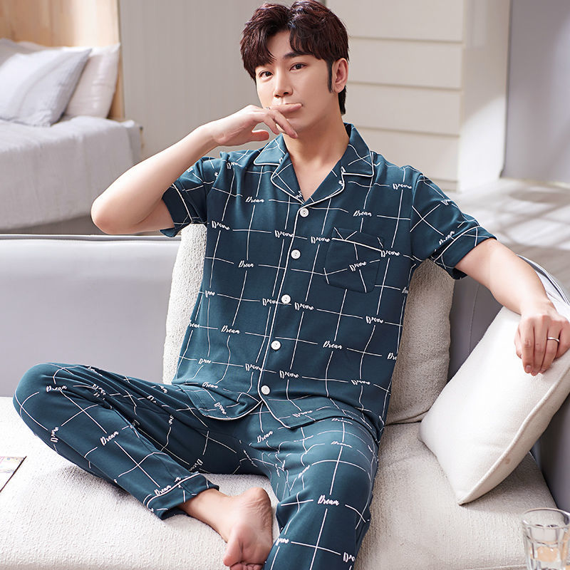 Pijamas de hombre ropa de verano 100% algodón pantalones de manga corta chaqueta juvenil traje de homewear delgado de mediana edad