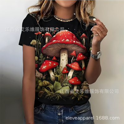 有趣的印花T恤植物图案3D打印女性休闲短袖蘑菇元素圆领T恤女上衣|undefined