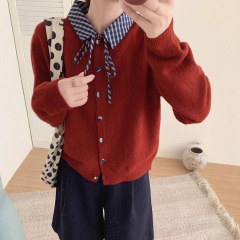 韩版衬衫领系带针织开衫女2025秋冬新款设计感格子拼接毛衣外套潮