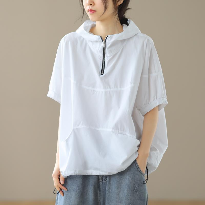 Women's Loose Casual Hooded Zipper Short Sleeve