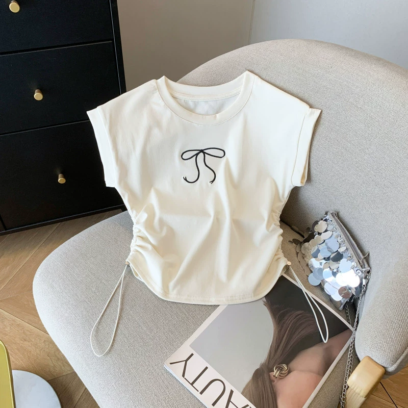 YS8 реальный снимок в наличии, летняя новая стильная модная универсальная футболка с короткими рукавами и вышивкой бантом для женщин