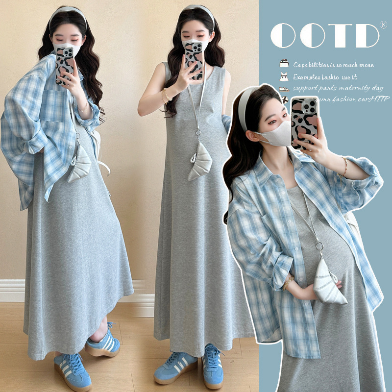 Maternity Wear 2025 Autum New Korean Fashion 2-Piece Set Plaid Shirt Maternity Dress