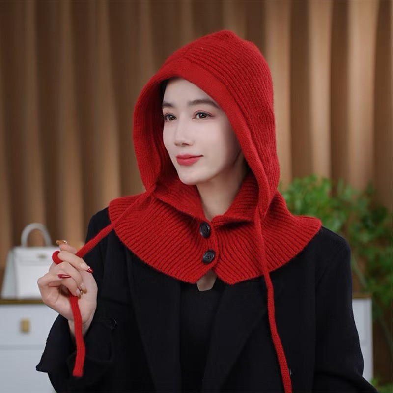 Korean Large Head Circumference Balaclava Hat Button Women's Autumn and Winter New Knitted Hooded Neck Scarf All-In-One Warm Hat