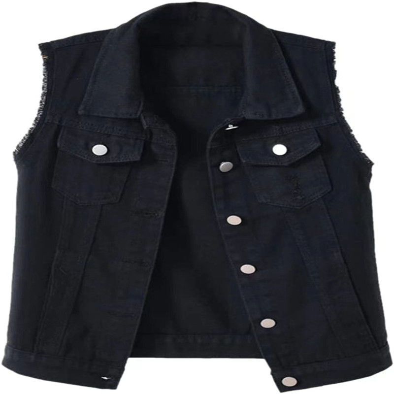 Multi-Color Denim Vest for Women, Short Style, Fashionable, Versatile for Spring and Summer, Slim Fit, Frayed Edges, Sleeveless Jacket, Ripped Top