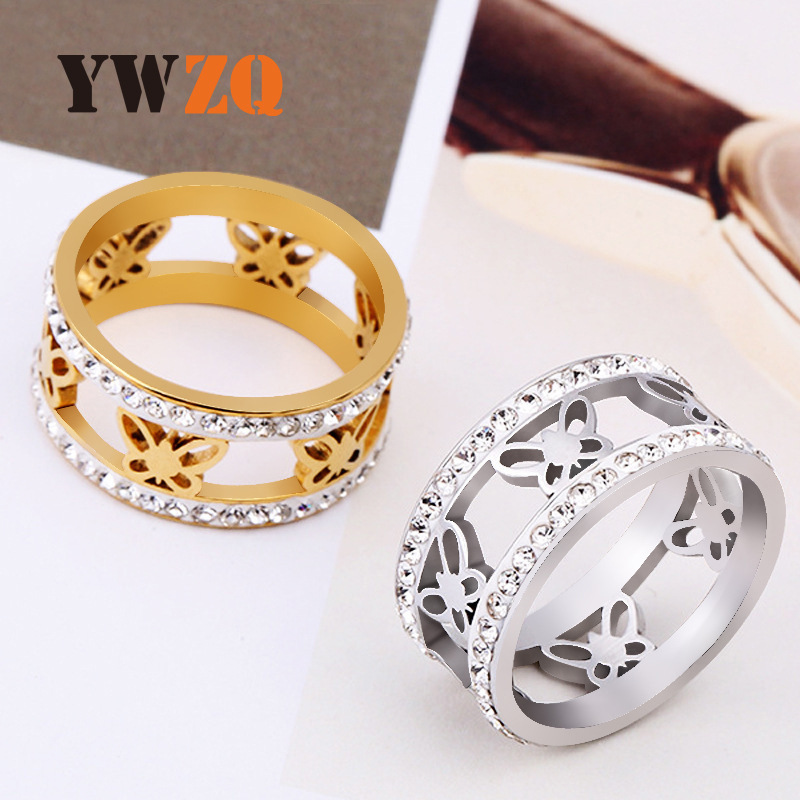 Anillo de Acero Inoxidable con Incrustaciones de Diamantes de Dos Hileras, Estilo Europeo y Americano, Fabricado en Fábrica Transfronteriza