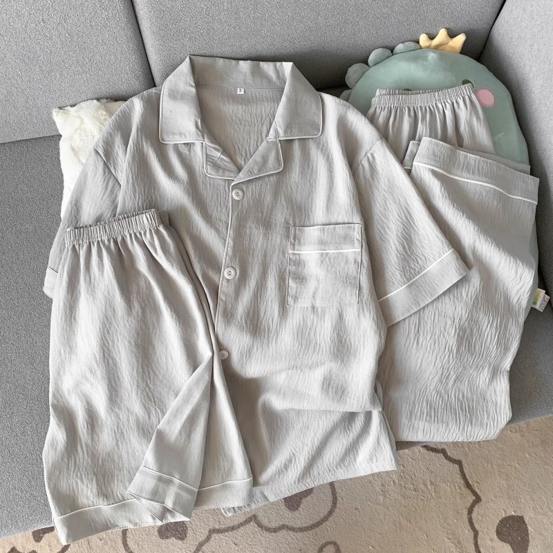 Pijamas de hilo de algodón de nube fina de verano para hombres de manga corta de gran tamaño verano adolescente simple traje de tres piezas servicio a domicilio