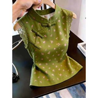 小众别致绿色碎花蕾丝边立领衬衫女夏季洋气减龄气质超好看时尚感