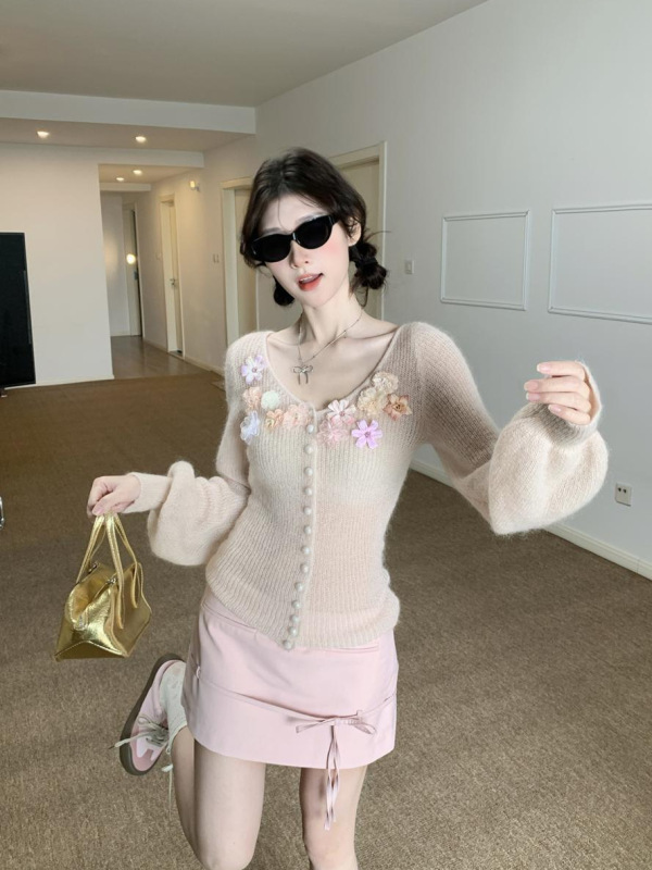 法式甜美立体花粉色针织开衫女早春设计感马海毛气质修身显瘦上衣|undefined