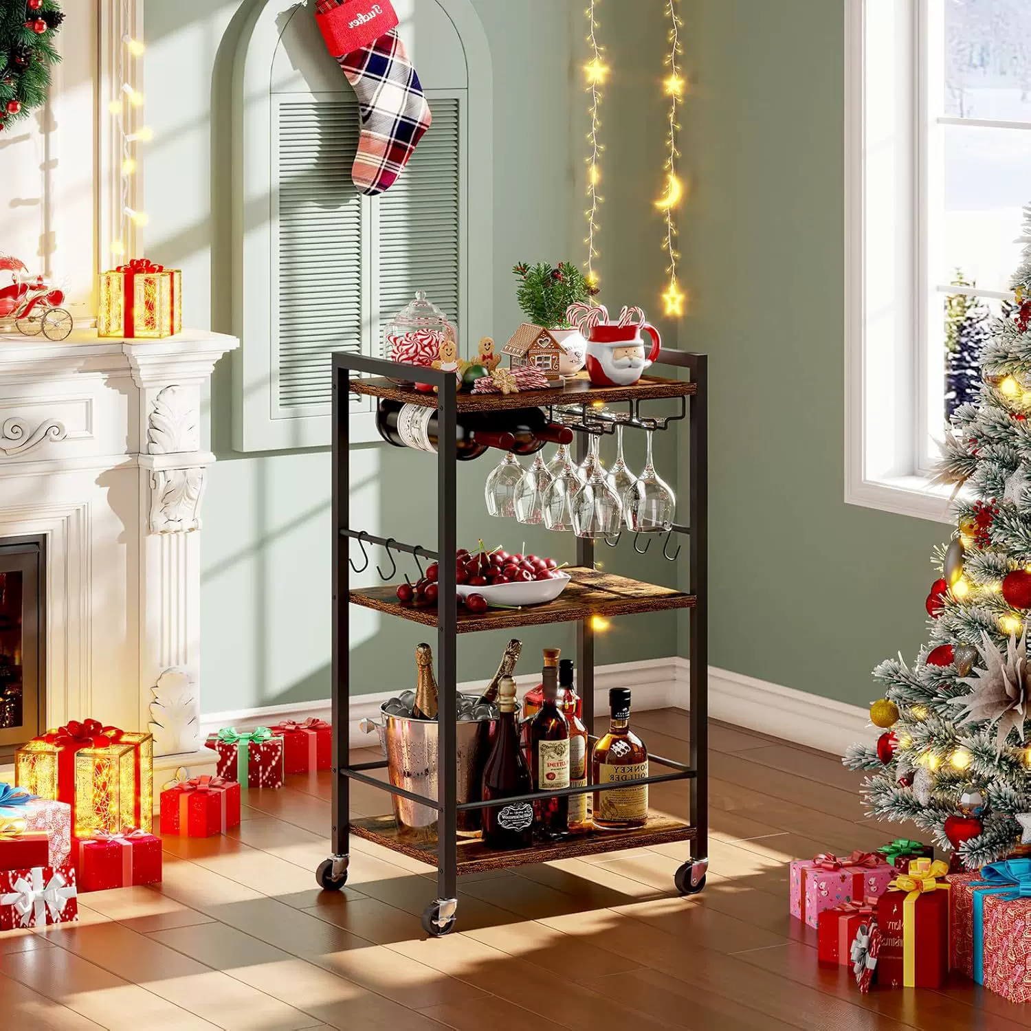 跨境小推车置物架碳钢多功能收纳小推车带红酒杯架酒瓶架手推餐车