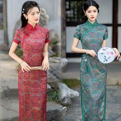 祥雲國風中式長款改良旗袍2025新款年輕款女日常可穿復古短袖走秀