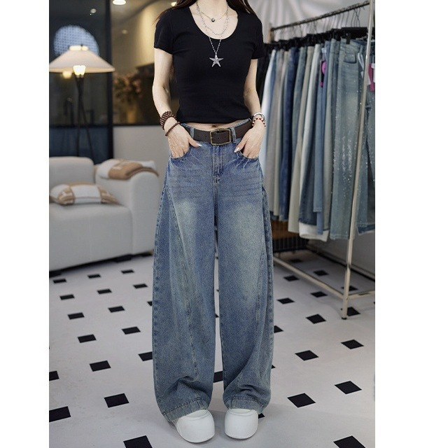 Black and Gray Trendy Silhouette Curved Jeans for Women 2026 Summer High-Waisted Loose Slimming Wide-Leg Pants