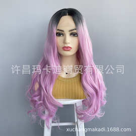 假发欧美外贸 Front lace wig 渐变粉色长卷发前蕾丝合成假发头套