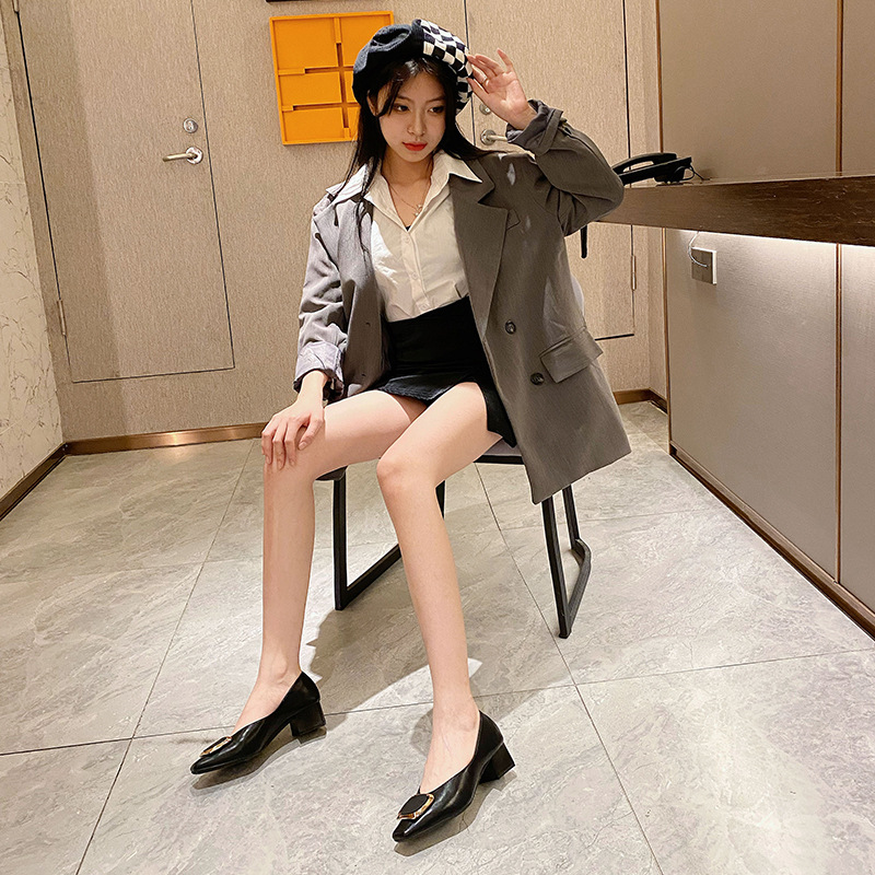Real cowhide mid-heel women's shoes 2023 summer new shallow-mouth thick-heeled square-toed single shoes women's slip-on loafers high-heeled_voghion.com
