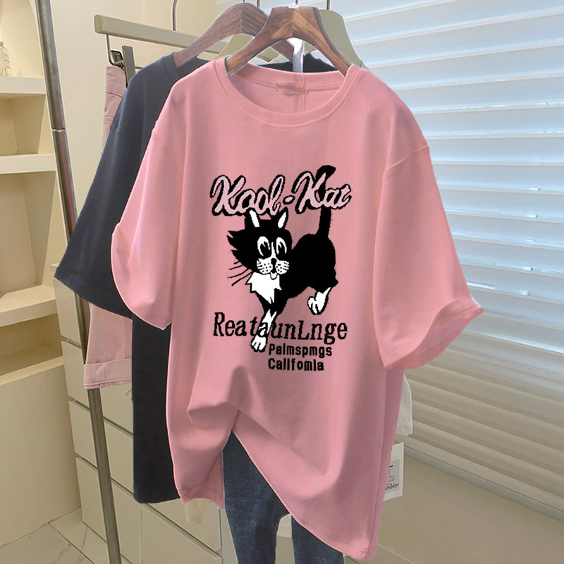 サメパンツ付き純綿半袖Tシャツレディースミドル丈ゆったりカジュアル大きいサイズトップスピンクボトムシャツ夏|undefined