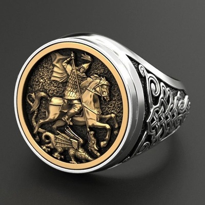 Anello uomo san giorgio ritratto drago design bicolore_voghion.com