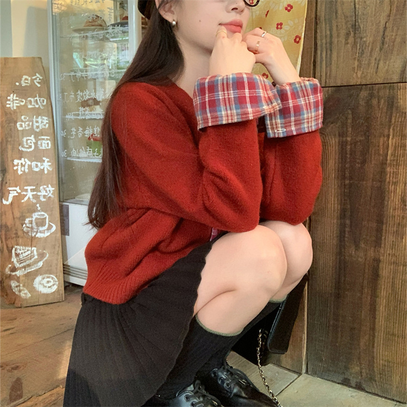 拼接格子假两件毛衣开衫女2025秋冬新款圆领韩系百搭针织上衣女潮|undefined