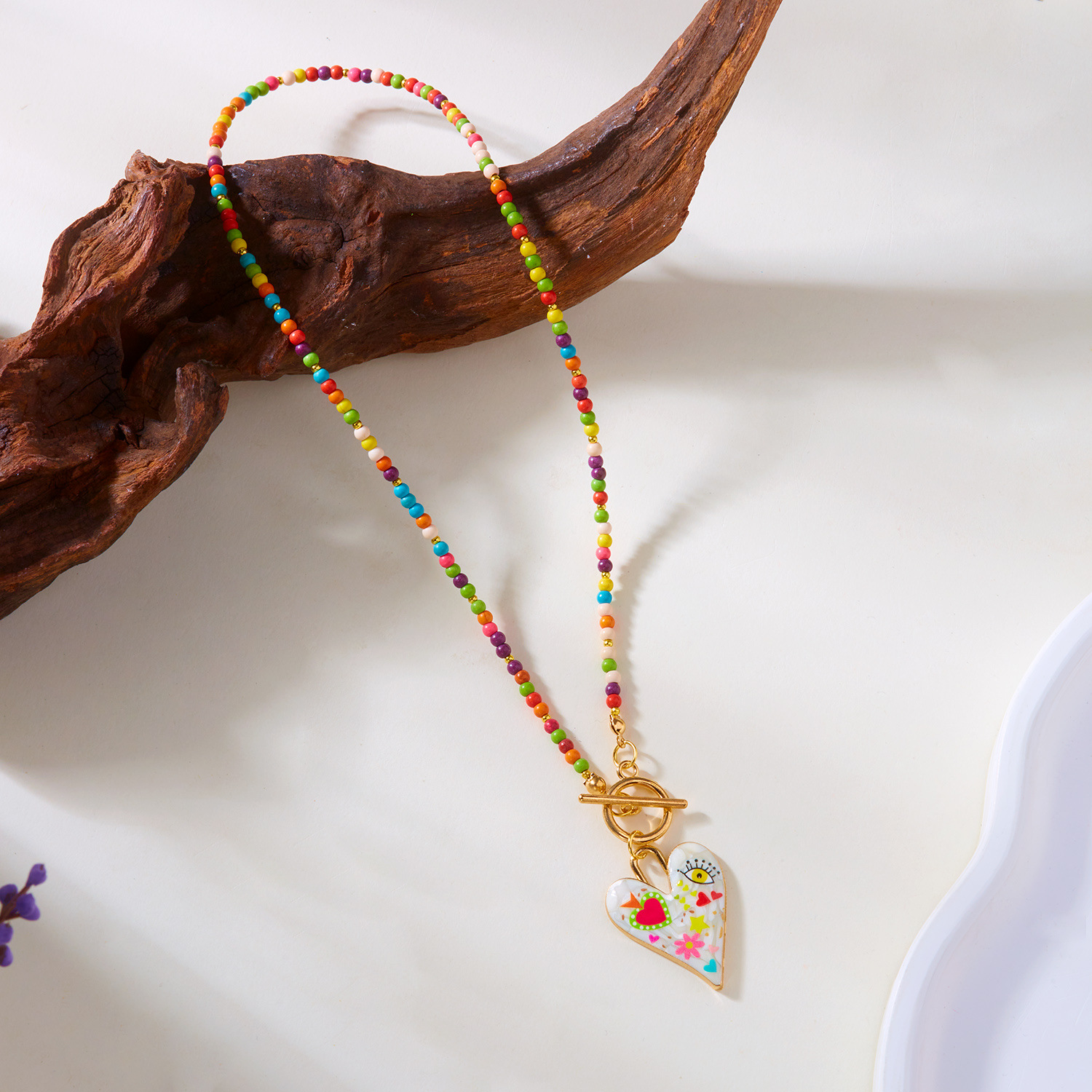 Collier transfrontalier en perles de riz pour femmes, pendentif œil de diable rond, collier tendance et polyvalent pour tous les jours (vente en gros)_voghion.com