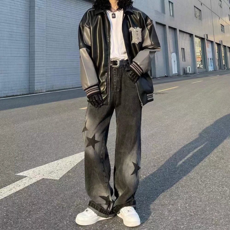Pantalones de mezclilla rectos de la calle alta de Europa y América ins marca de moda de los hombres estrella de cinco puntas pantalones de pierna ancha drapeado más tamaño frito calle papá pantalones