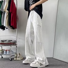 2024秋季破洞拉链白色牛仔裤男潮牌美式复古高街直筒修身微喇裤子