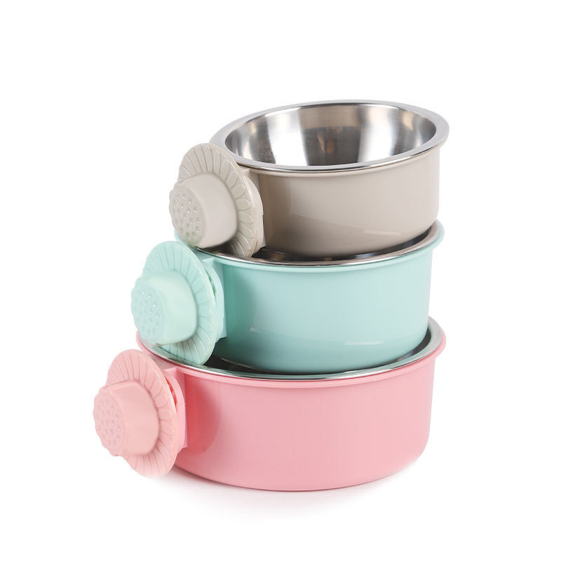 En stock al por mayor anti-golpe fijo colgante perro tazón de acero inoxidable bebedero para jaula de perro dos en uno Pet Bowl