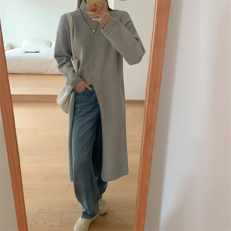 秋冬新款韩版开叉长款针织打底连衣裙女宽松显瘦配大衣内搭毛衣裙|undefined