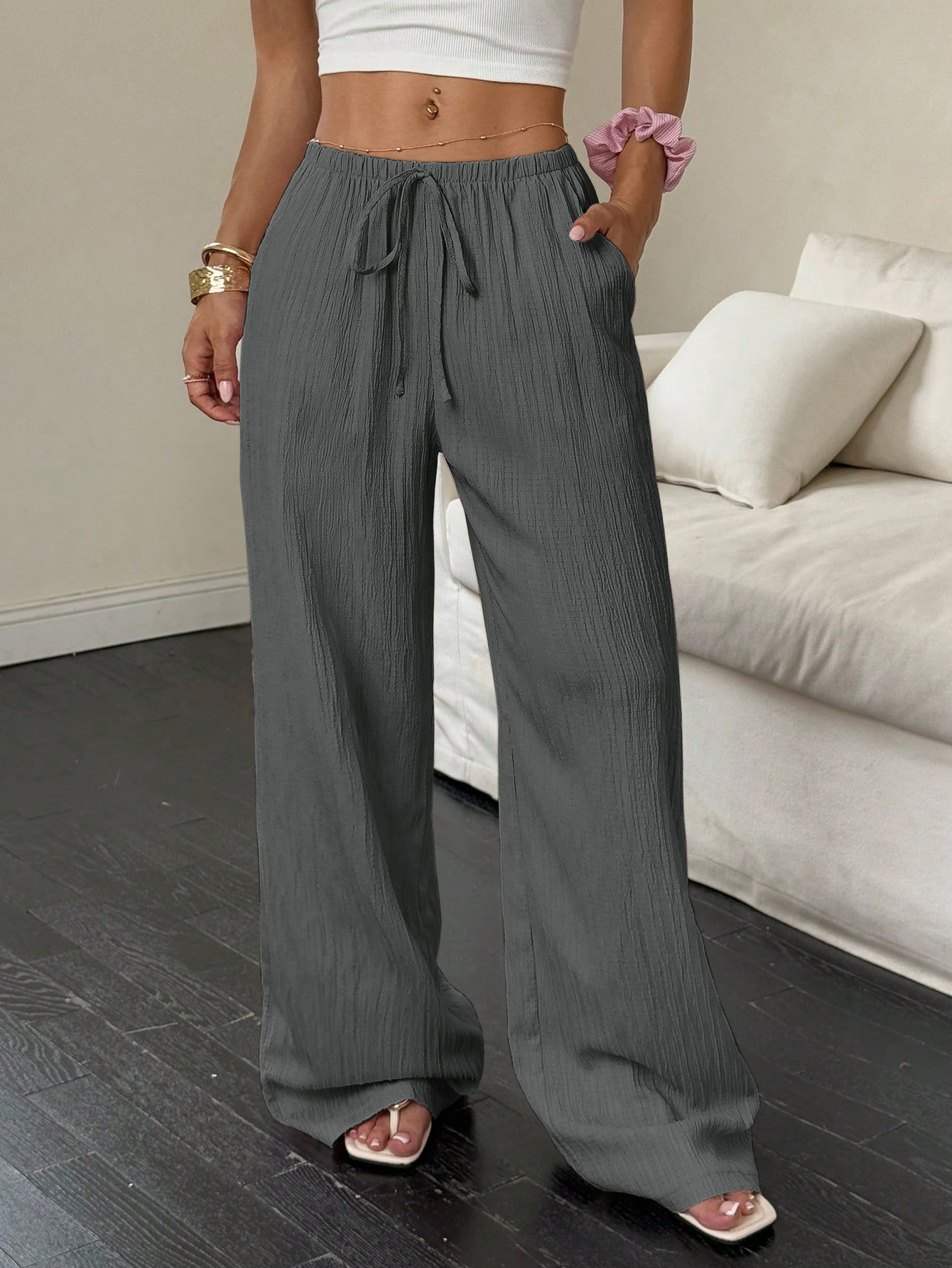 Damen Weithosen Freizeithose Mit Knotentaille Strukturstoff_voghion.com