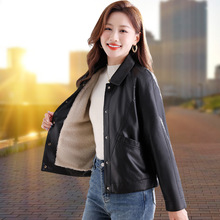 翻领皮衣外套女士春秋短款2025秋冬新款中年妈妈pu皮夹克加绒加厚