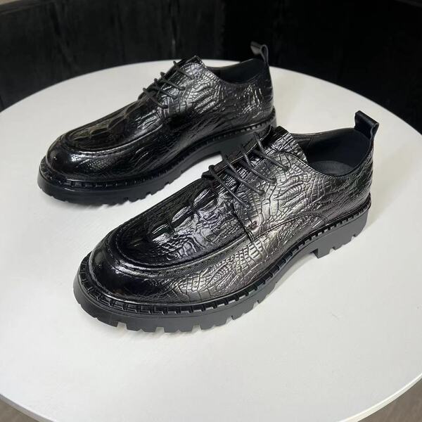 European and American Men's Genuine Leather Business Casual Shoes Cowhide Embossed Crocodile Pattern Thick Bottom Height Increasing Black Leather Shoes Wedding Shoes Men's Shoes