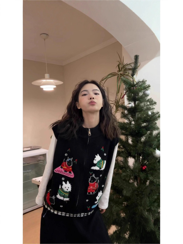 可爱卡通小狗刺绣针织女装2025年早秋季减龄宽松叠穿上衣|undefined