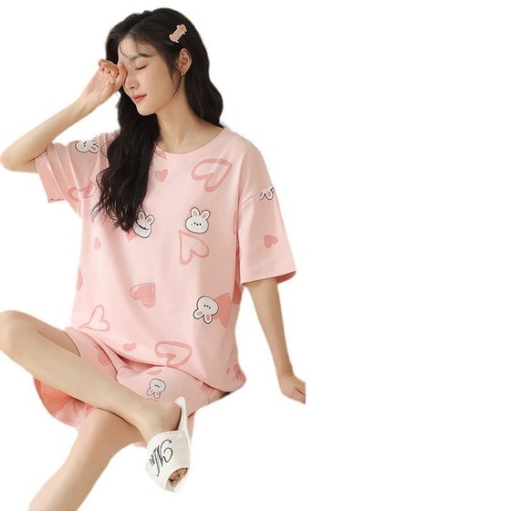 Pajamas Women's Summer Short Sleeve Sweet with Chest Pad Korean Style Cartoon Student Casual Home Clothes Loose plus size Summer