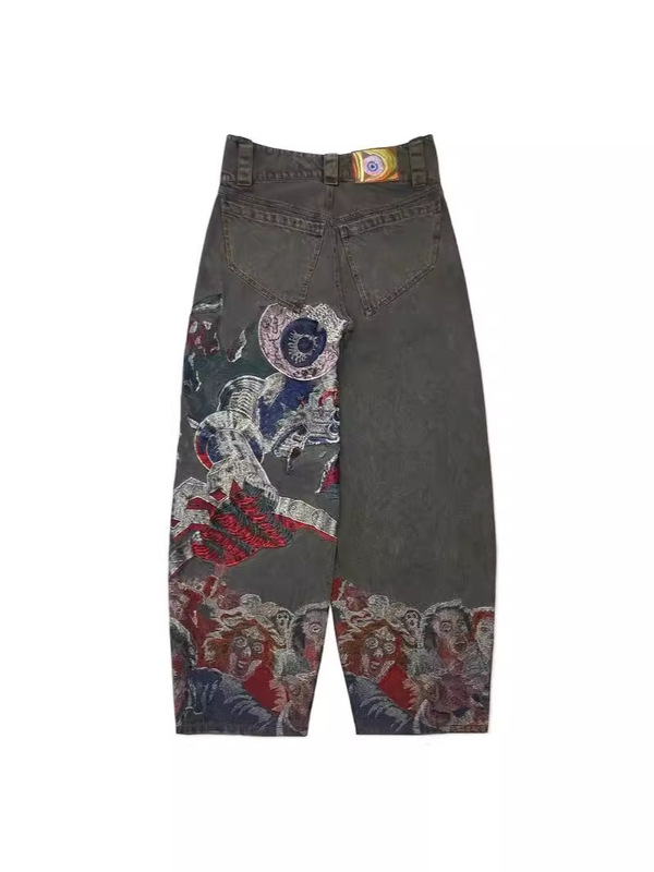 Cross-Border E-Commerce Hip-Hop Punk Embroidered Loose Jeans Y2K Men's Heavy Craft Retro Style Wide-Leg Pants