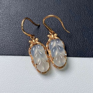 Natural Myanmar A goods jade 18k rose gold inlaid with white ice leaves jade earrings earrings jewelry wholesale