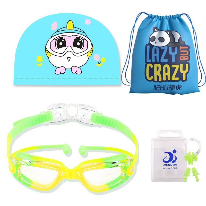 Transparent green yellow swimming mirror+lake blue diver PU hat+AC-6 green+panda bag