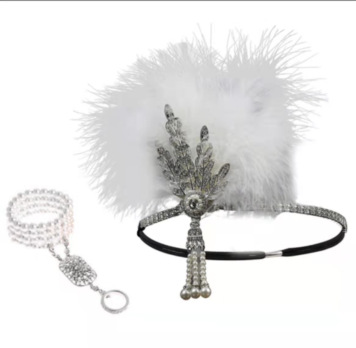 1960s Gatsby Venta caliente retro danza diadema negro avestruz pluma banda de pelo perla rhinestone tocado club nocturno