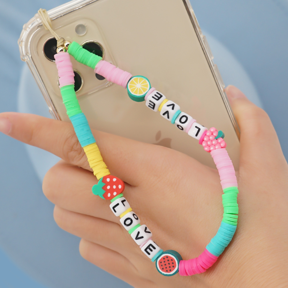 Simple Bohemian Gradient Short Beaded Soft Ceramic Acrylic Mobile Phone Chain Female display picture 1