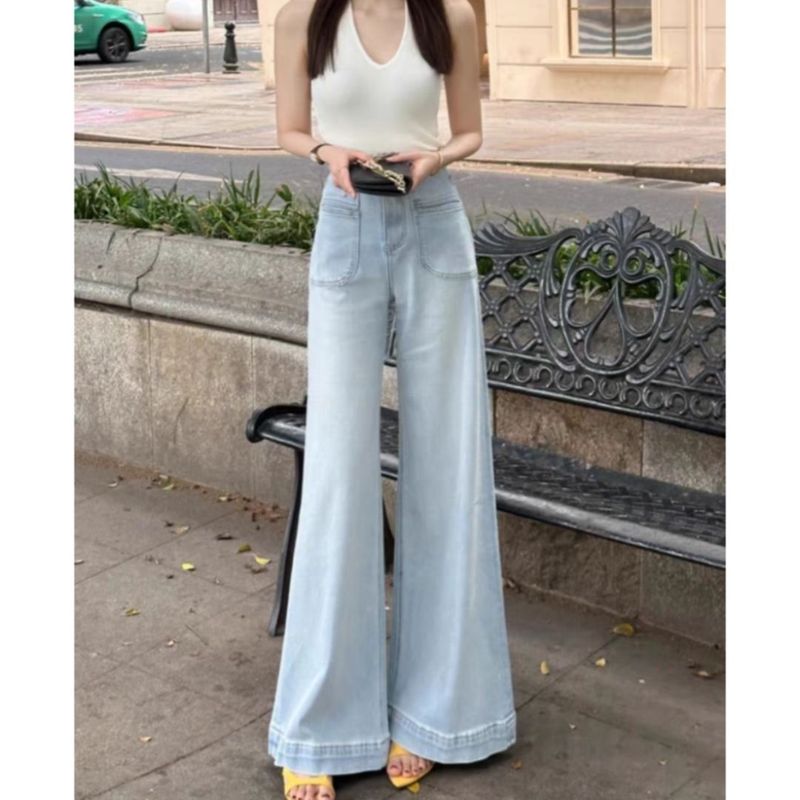 宽松浅色显瘦超小个子阔腿牛仔裤女2025直筒复古垂感拖地长裤港味|undefined