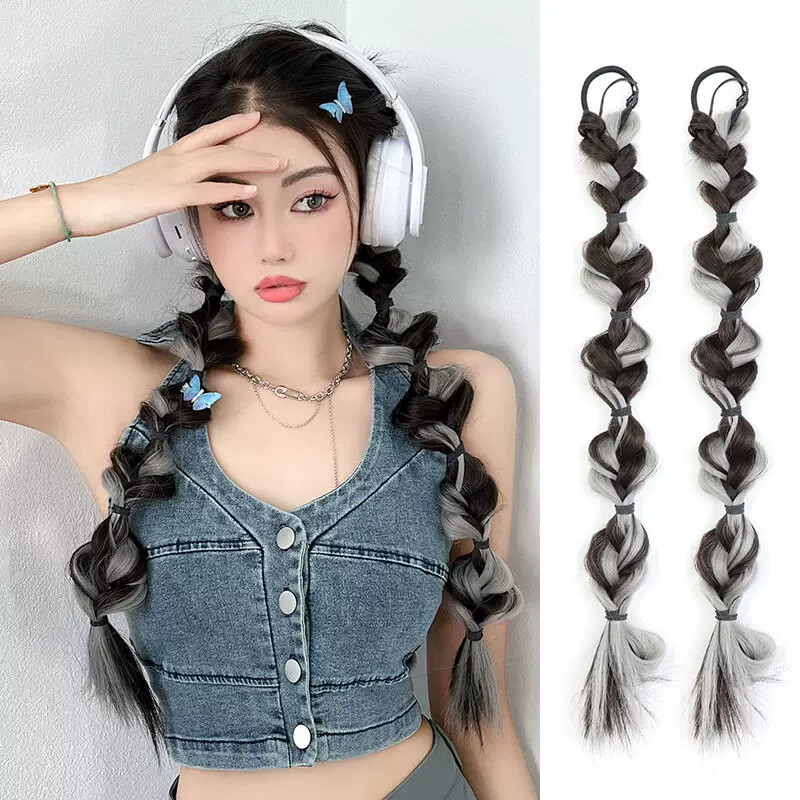 Diving wig with double ponytails for women, sweet and cool style, highlighted colorful lantern bubble braids, easy to wear, realistic imitation