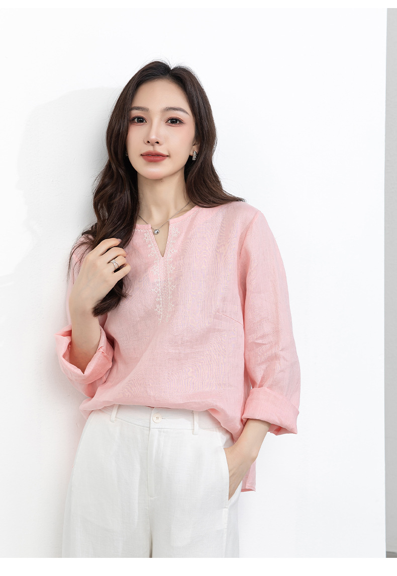 Áo sơ mi nữ linen cổ V thêu hoa tay lỡ rộng — Lời bài hát: Seventeen Sleeves chi tiết 19