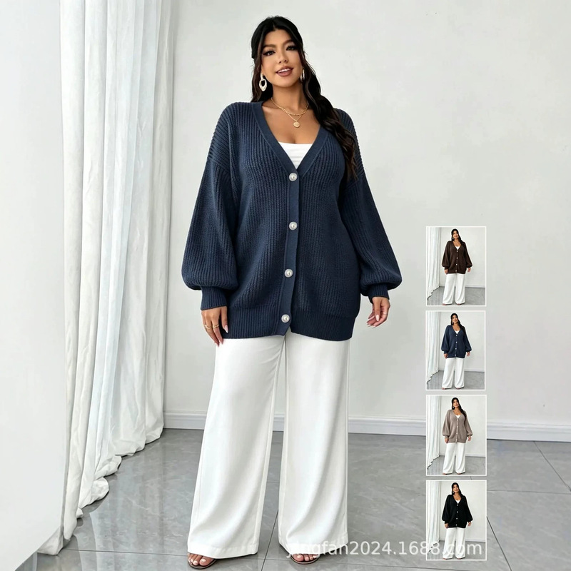 2026 Casual Knitted Sweater Plus Size Spring and Autumn Loose Long Sleeve V-Neck Coat for Women 60-120kg Plus Size